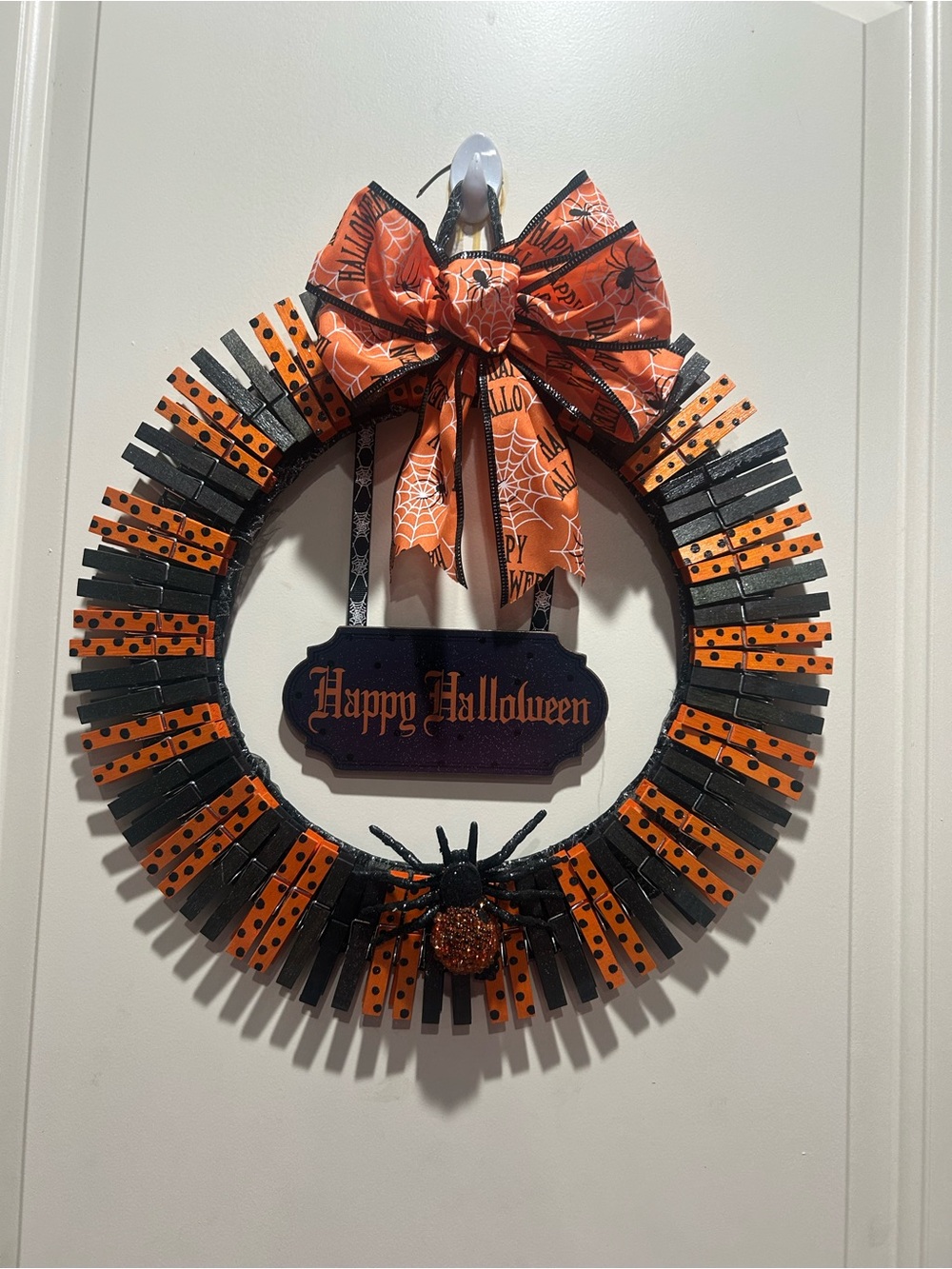 Halloween Orange & Black Wreath with Bow and Spider - Happy Halloween